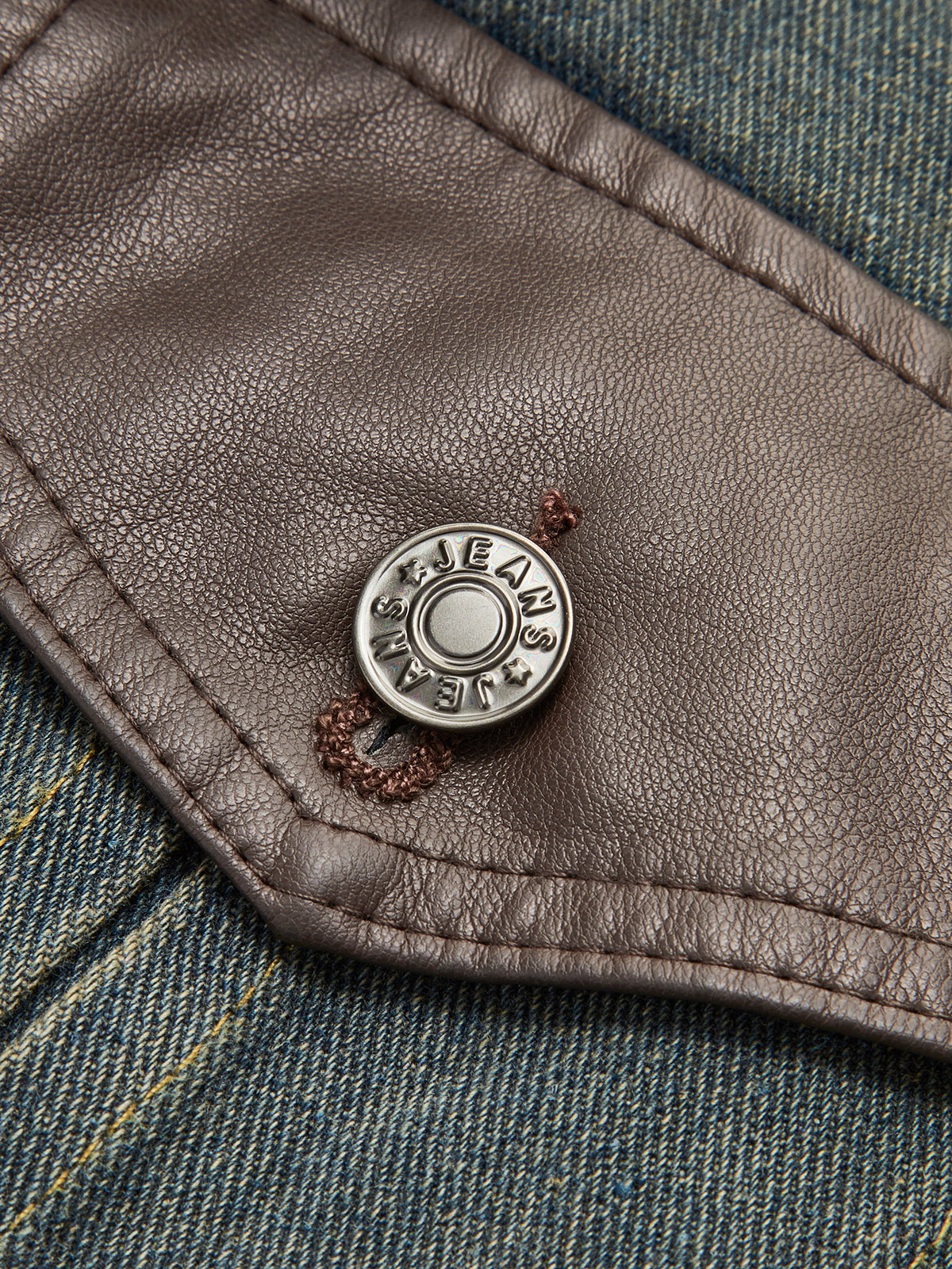 Vintage Kontrast Süslü Yaka Denim Ceket Koyu Kahverengi Uzun Kol