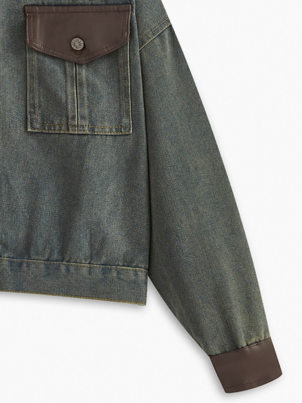 Vintage Kontrast Süslü Yaka Denim Ceket Koyu Kahverengi Uzun Kol