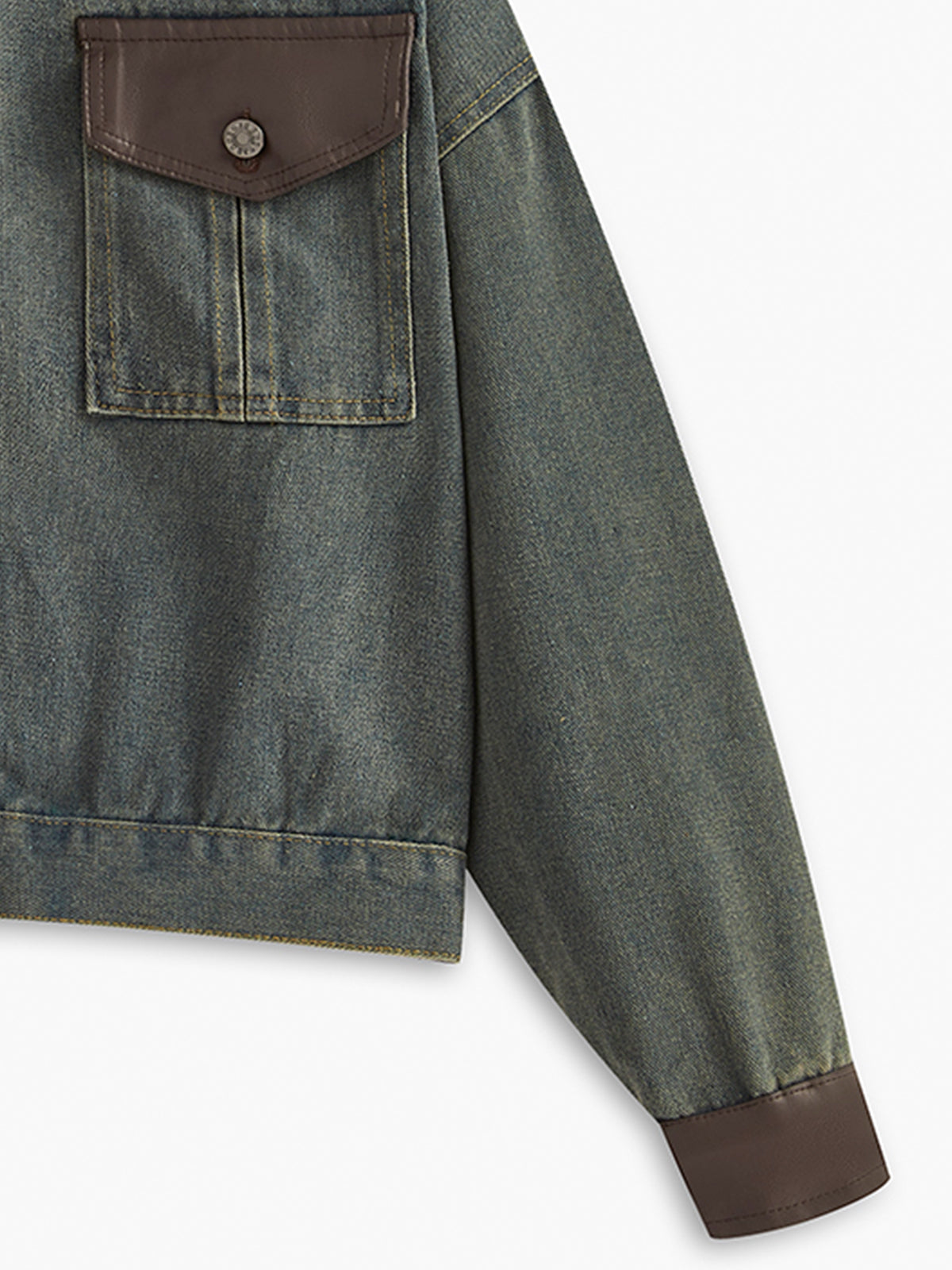 Vintage Kontrast Süslü Yaka Denim Ceket Koyu Kahverengi Uzun Kol