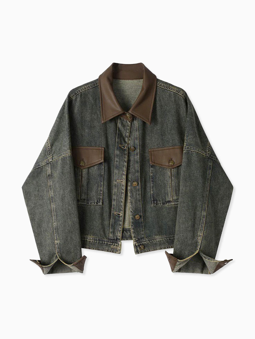 Vintage Kontrast Süslü Yaka Denim Ceket Koyu Kahverengi Uzun Kol