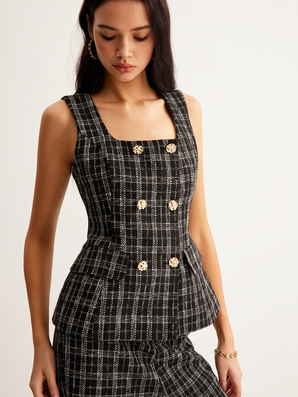 Kareli Tweed Düğmeli Yelek