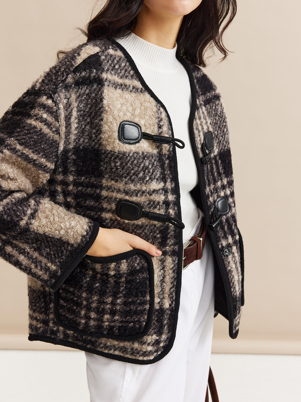 Kontrast Kesim Kareli Tweed Palto