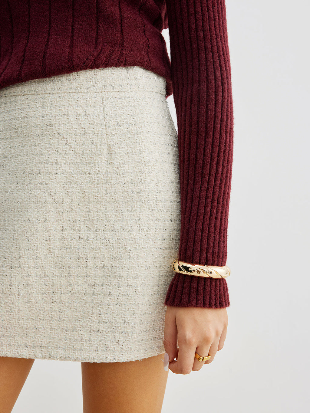 Tweed Fermuarlı A-Line Mini Etek Krem Orta Bel
