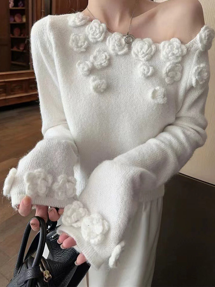Romantik 3D Çiçekli Jarse Kazak Beyaz Uzun Kollu