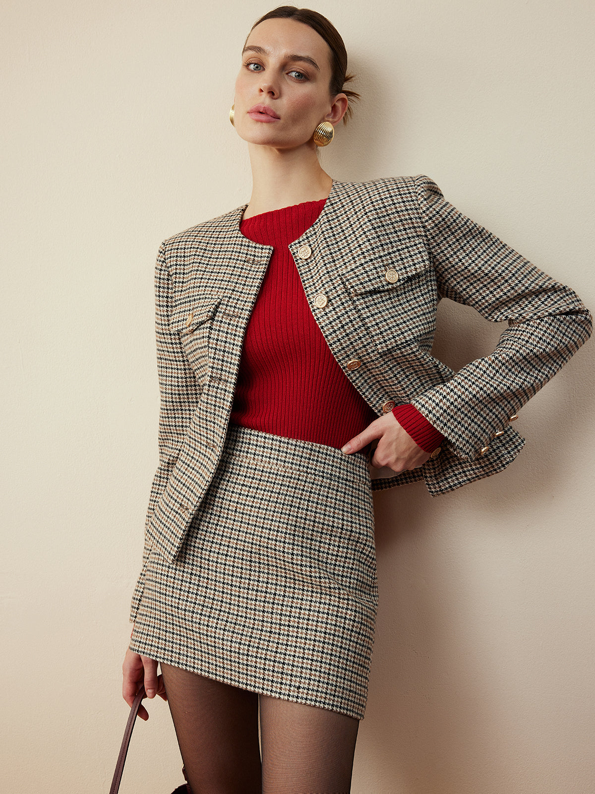 Houndstooth Düğmeli Kısa Ceket