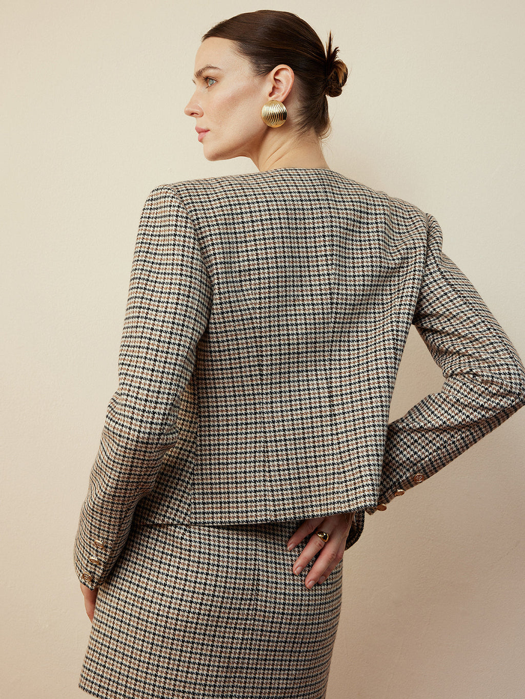Houndstooth Düğmeli Kısa Ceket