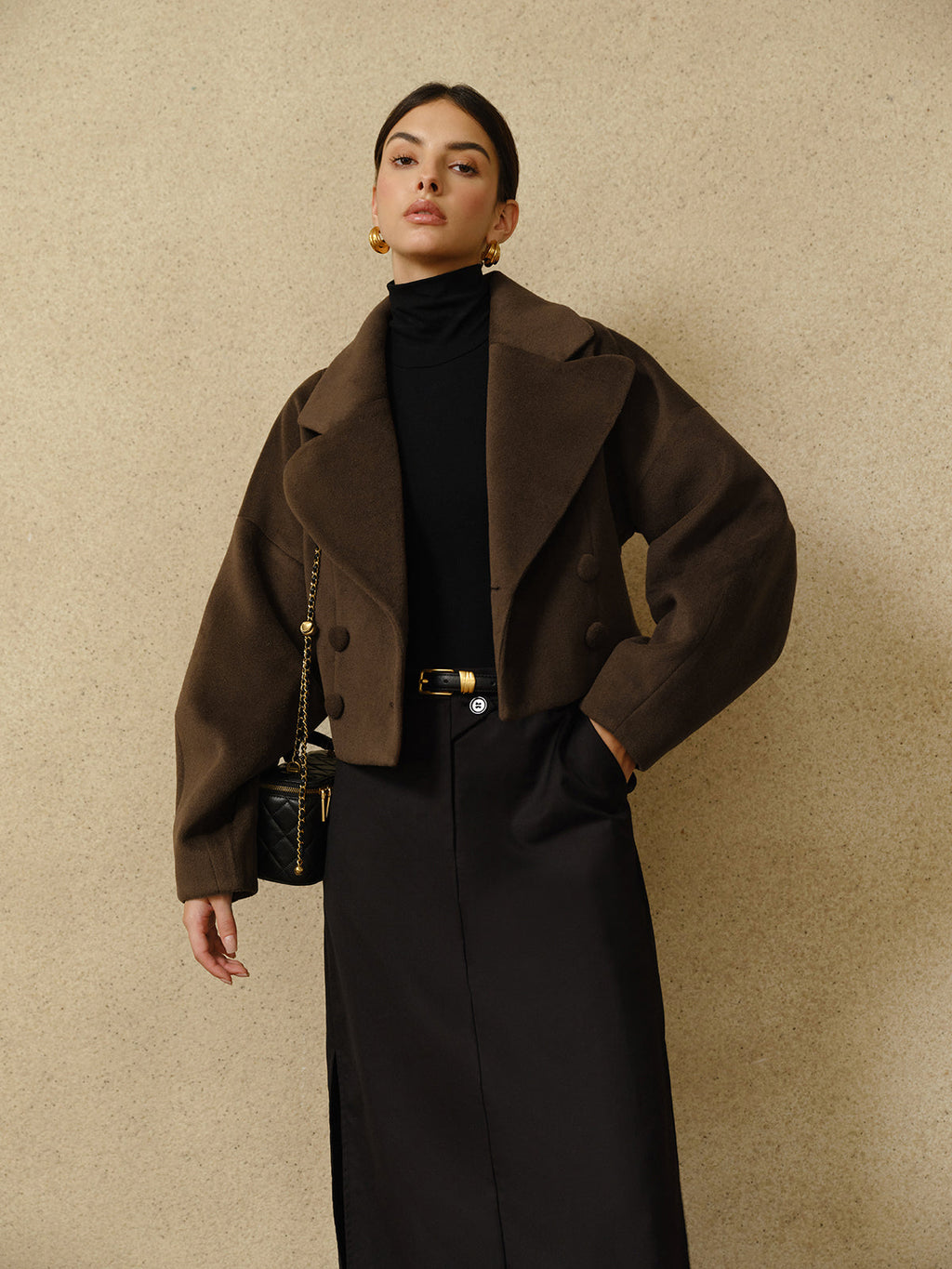 Düğmeli Tweed Yaka Kısa Mont