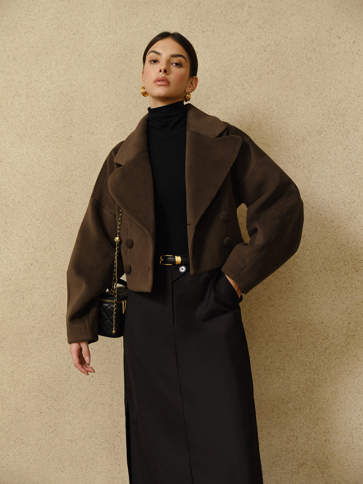 Düğmeli Tweed Yaka Kısa Mont