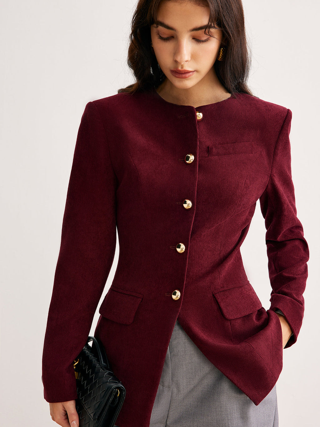 Yuvarlak Yaka Düğmeli Kadife Blazer