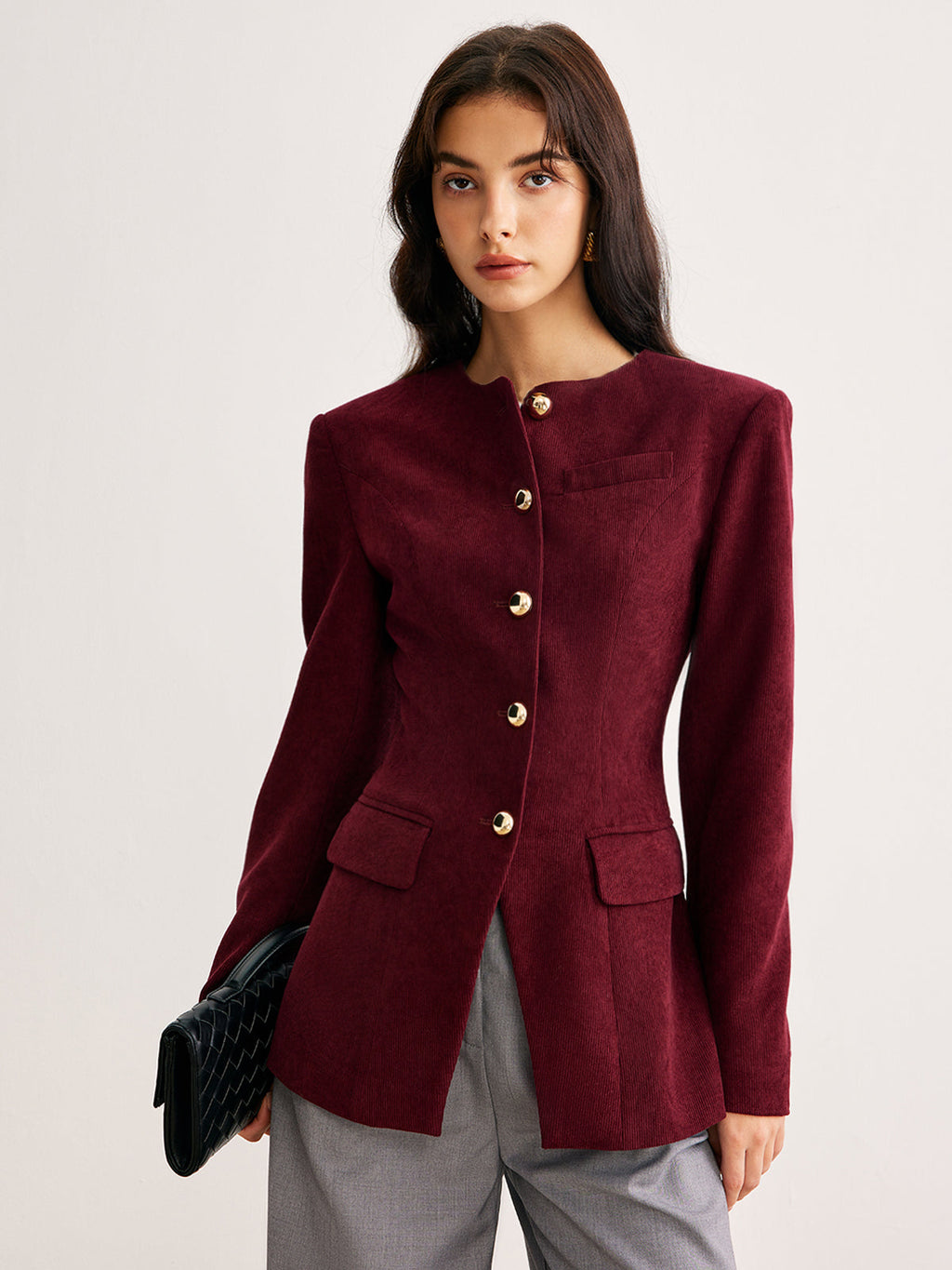 Yuvarlak Yaka Düğmeli Kadife Blazer