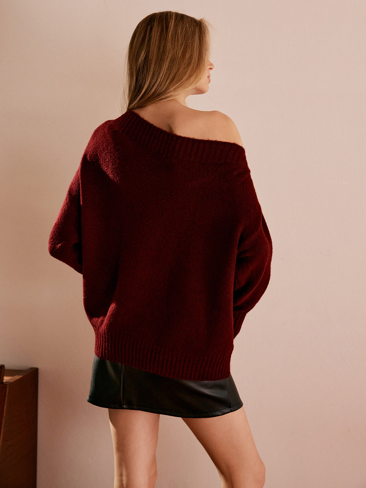 Tek Omuz Drapeli Triko Kazak Bordo Oversize