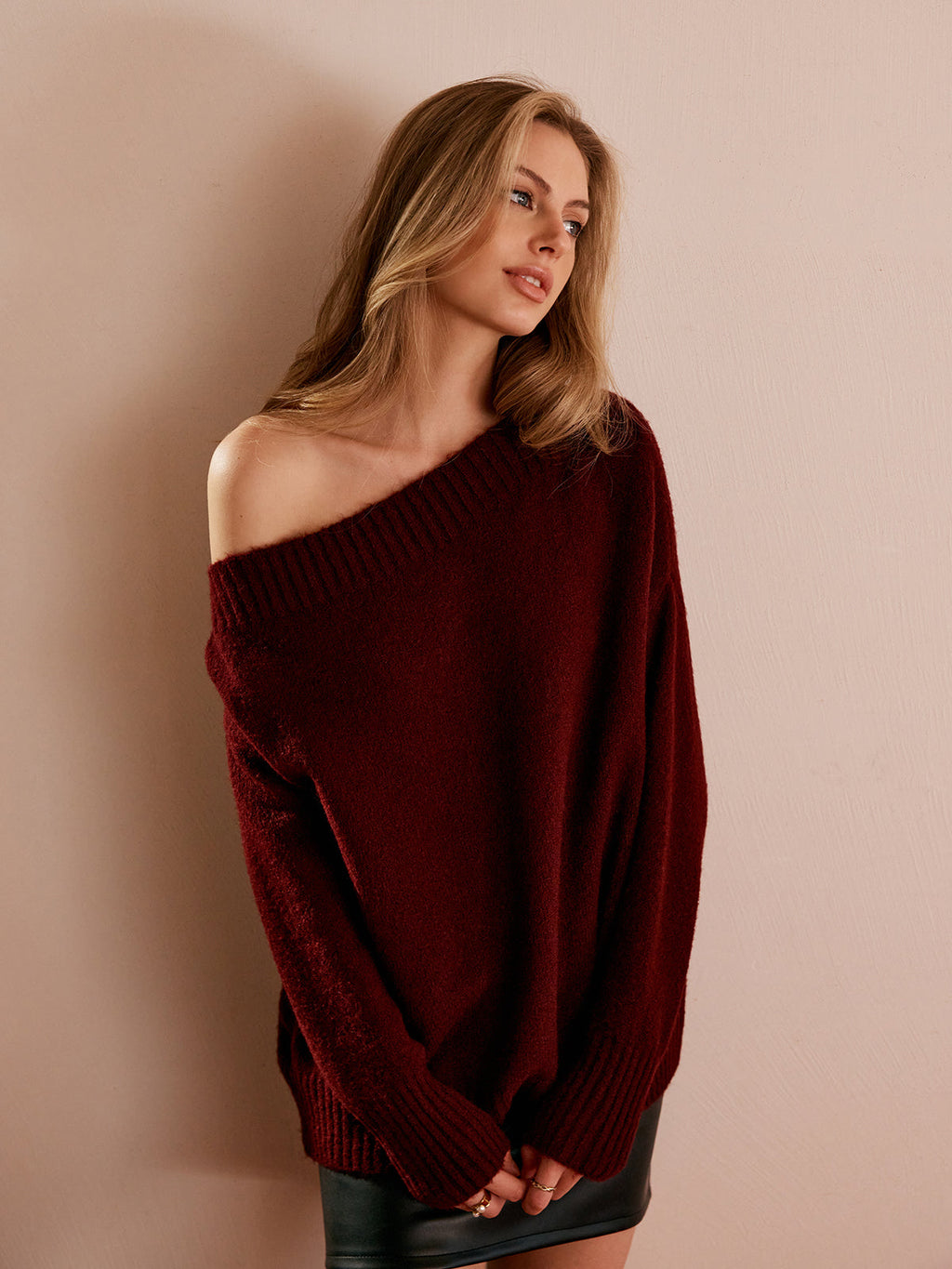 Tek Omuz Drapeli Triko Kazak Bordo Oversize
