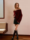 Tek Omuz Drapeli Triko Kazak Bordo Oversize
