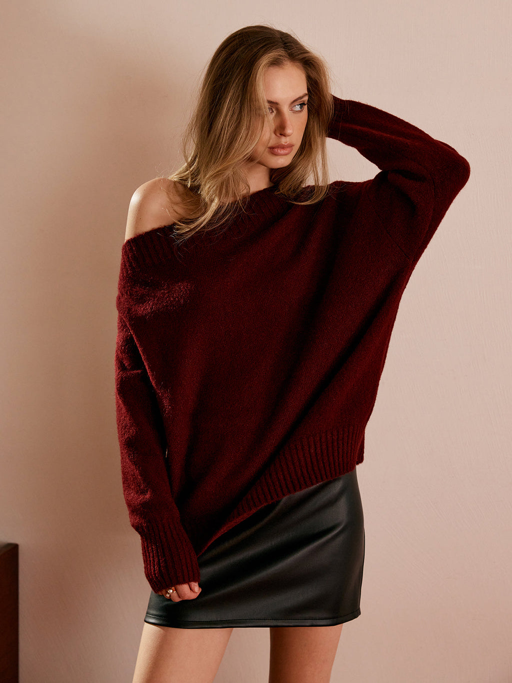 Tek Omuz Drapeli Triko Kazak Bordo Oversize