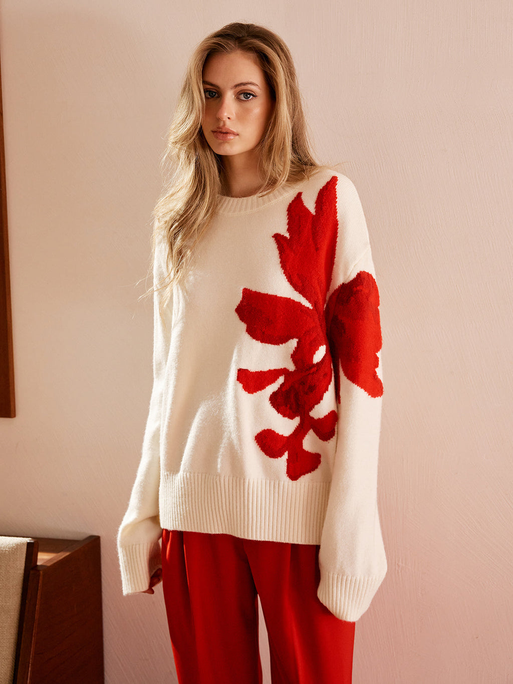 Jakarlı Triko Sweatshirt Yuvarlak Yaka Uzun Kol Ekru Kırmızı