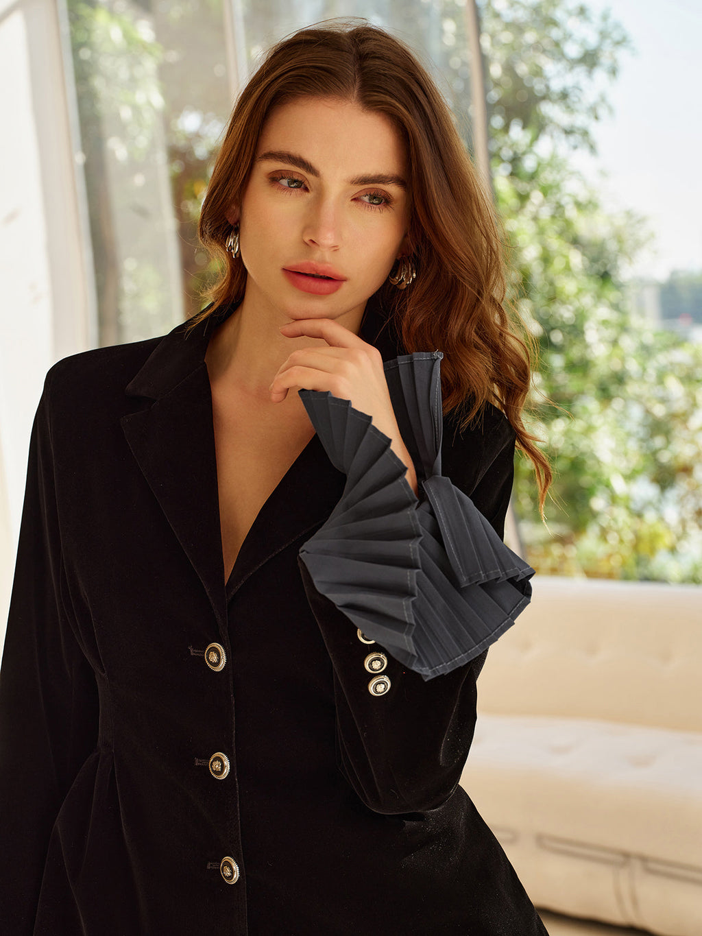 Kadife Plise Detay Takım Siyah Blazer Etek Seti