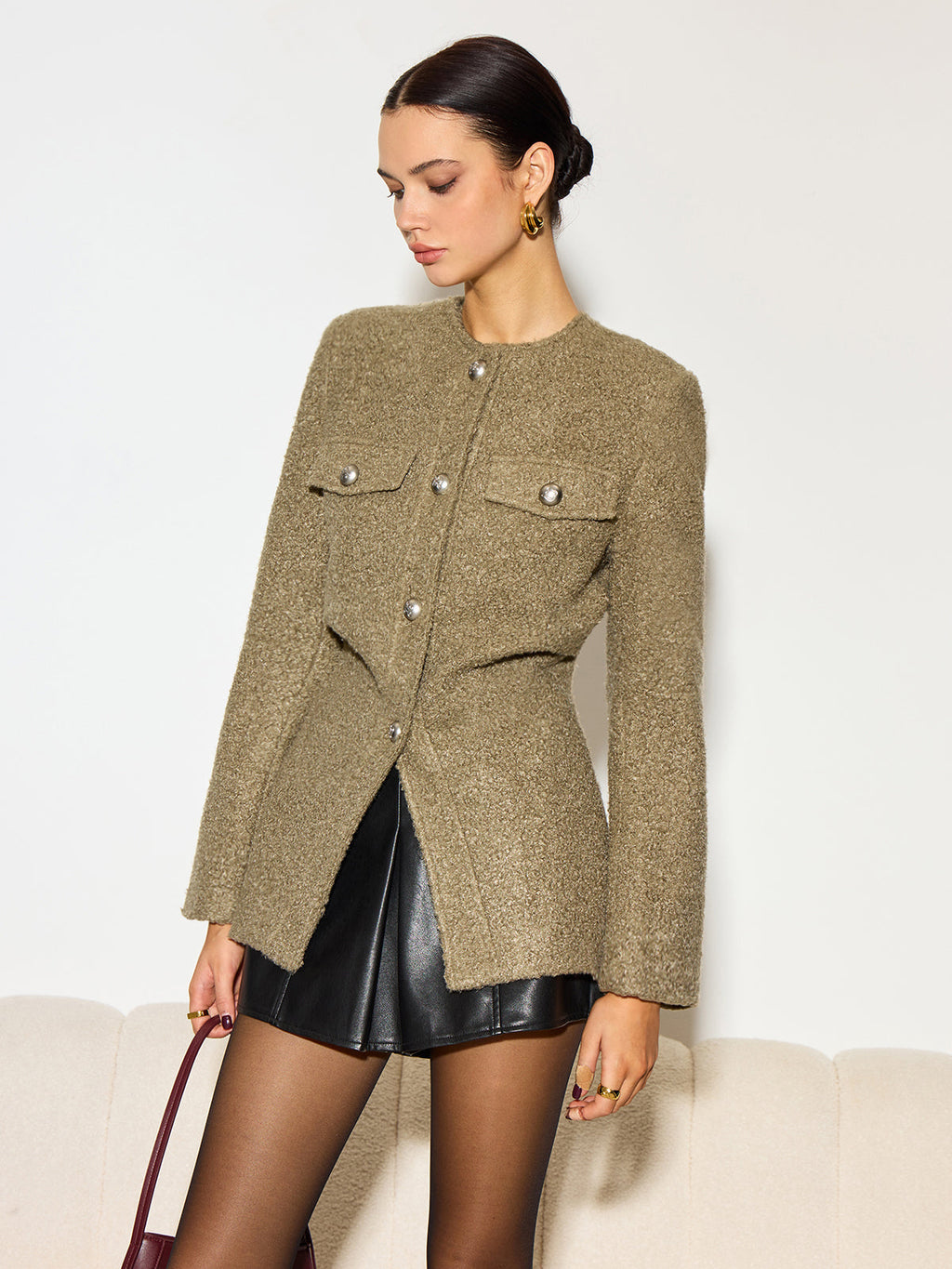 Yuvarlak Yaka Düğmeli Tweed Mont