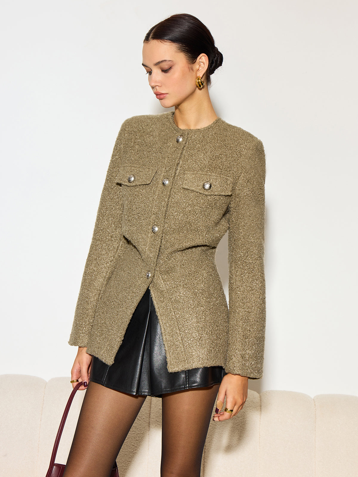 Yuvarlak Yaka Düğmeli Tweed Mont