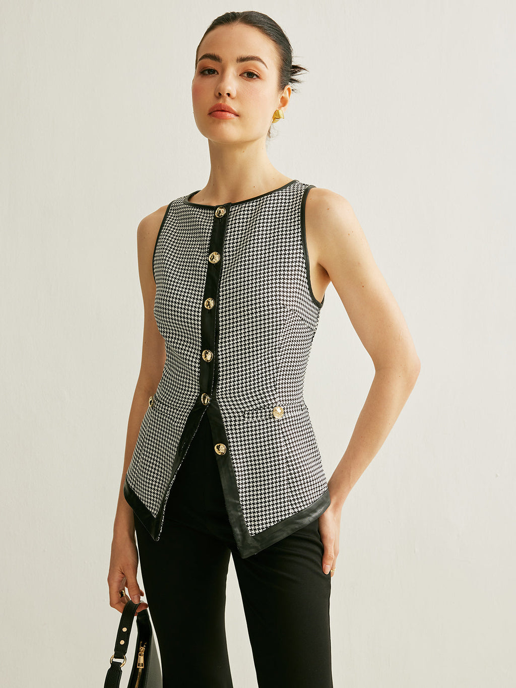 Houndstooth Düğmeli Kontrast Kesim Yelek
