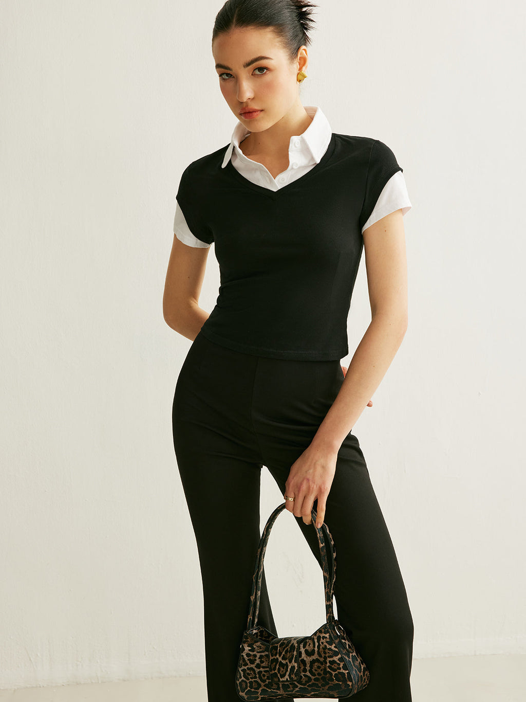 Renk Bloklu Polo Yaka Kısa Kollu Üst Siyah Slim Fit