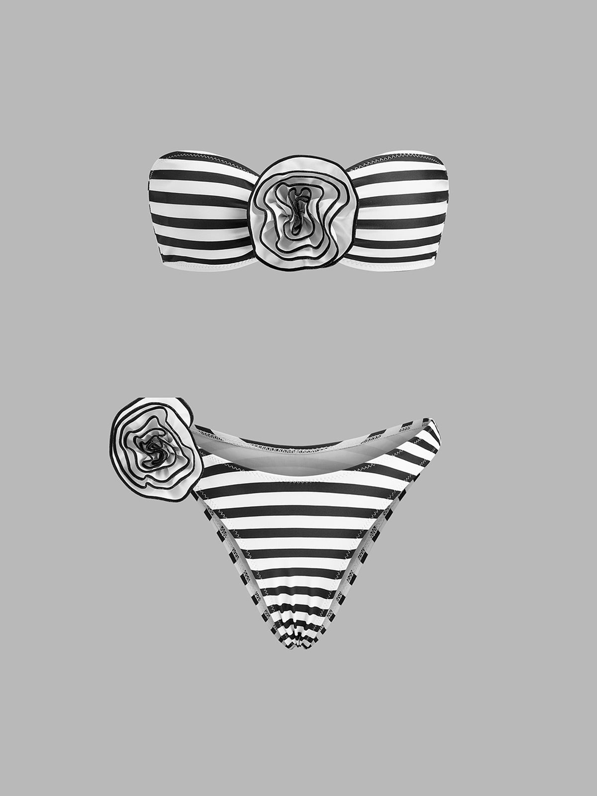 Çizgili Çiçek Detaylı Bandeau Bikini Takımı