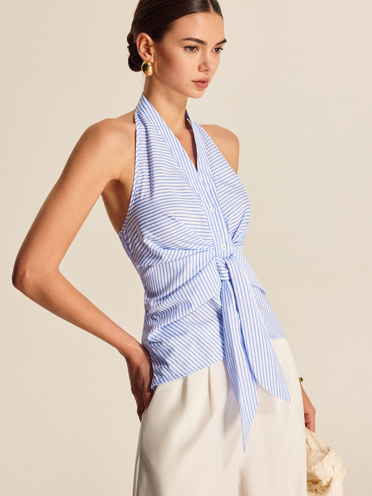 Çizgili Halter Bağlamalı Üst