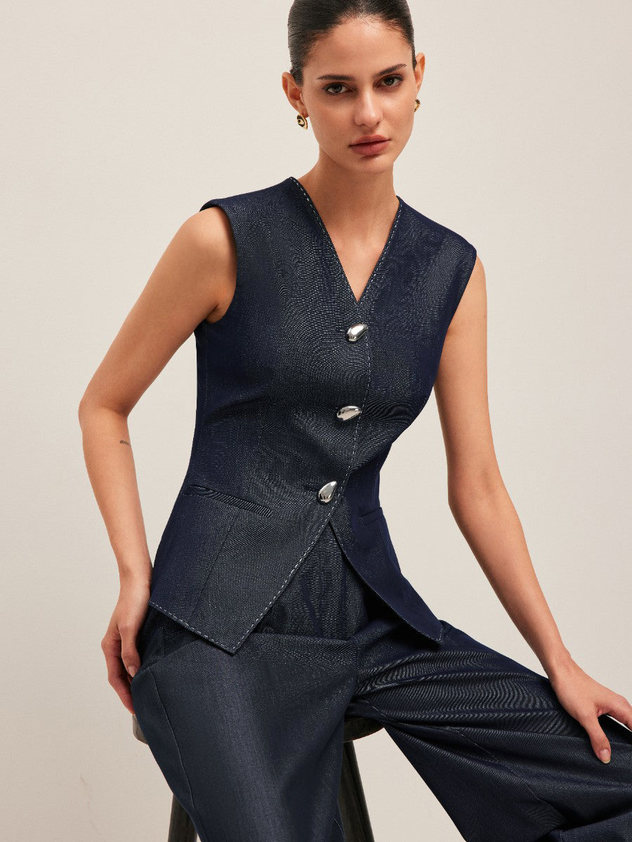 Kontrast Dikişli Düğmeli Peplum Yelek
