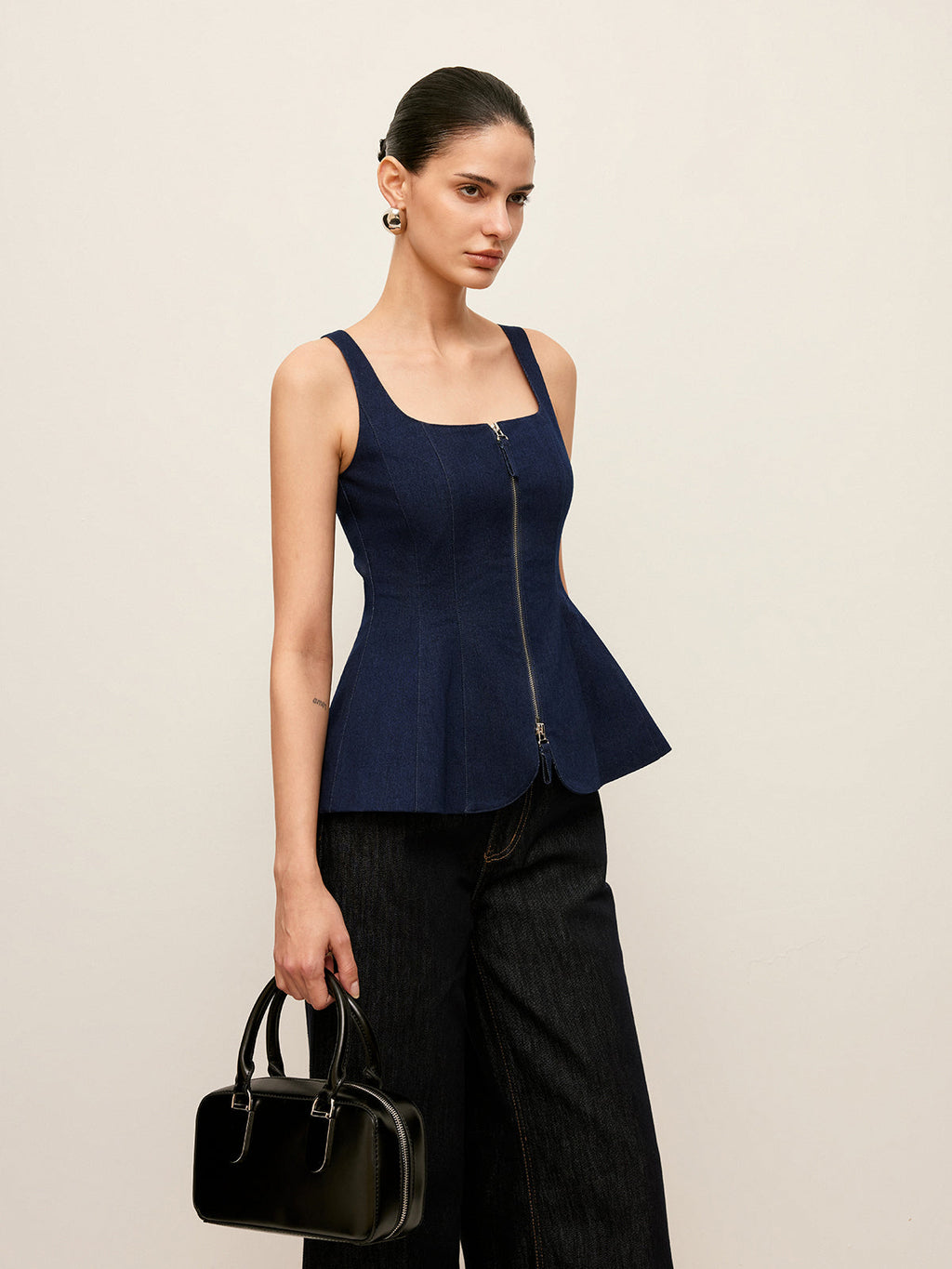 Fermuarlı Ön Kot Peplum Üst