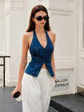 Halter Yaka Düğme Detaylı Kot Üst