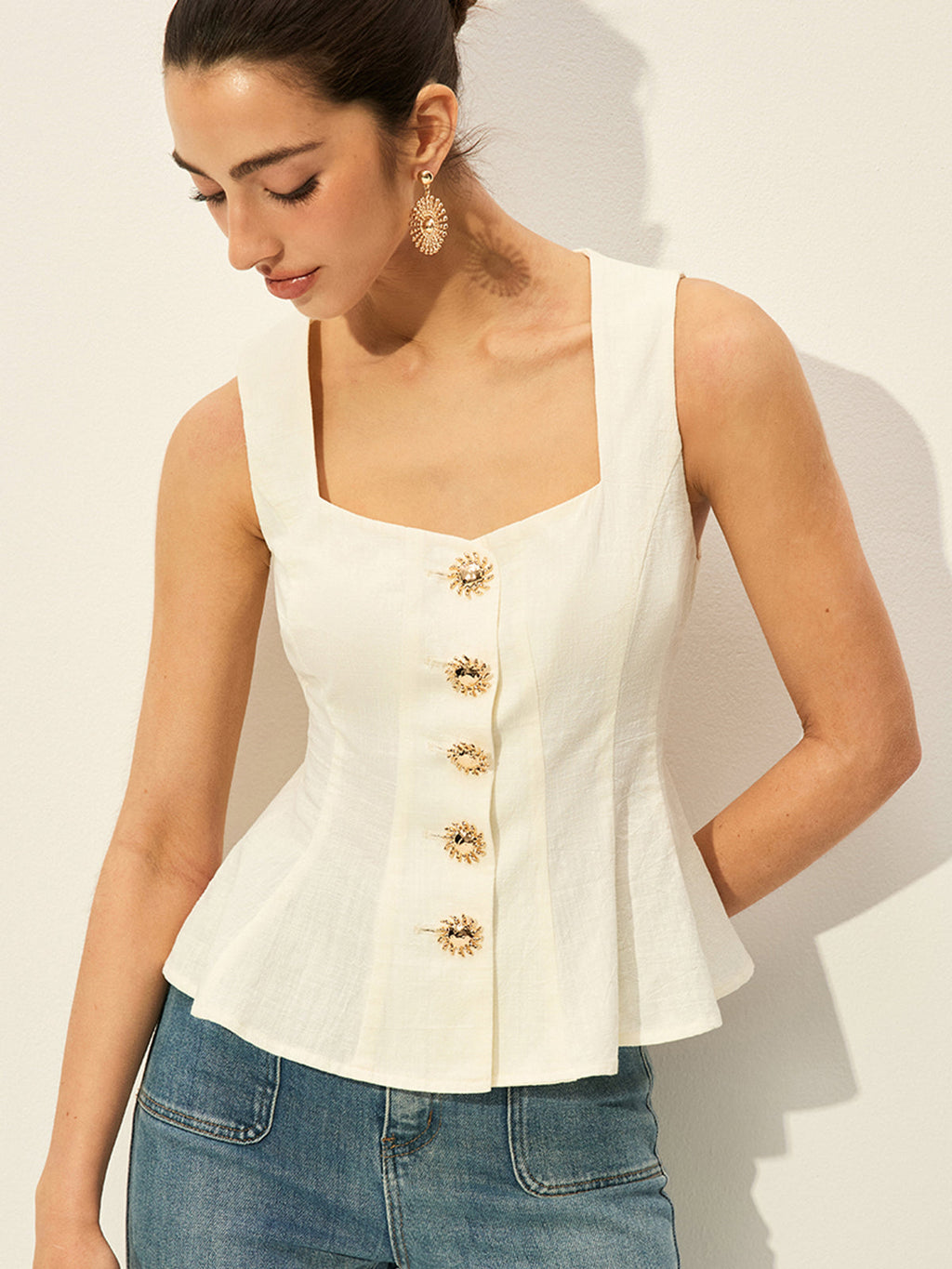 Kare Yaka Düğmeli Ön Peplum Üst