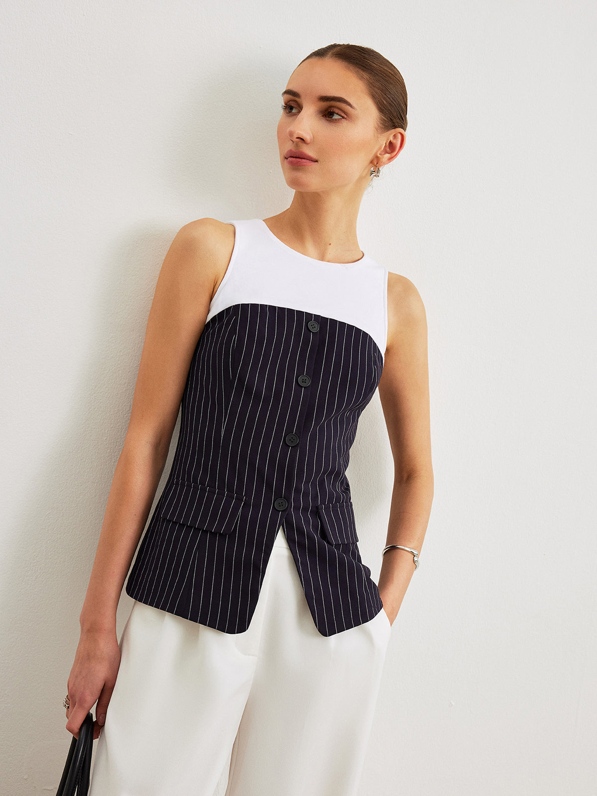 Dekor Cepli Pinstripe Düğme Detaylı Üst