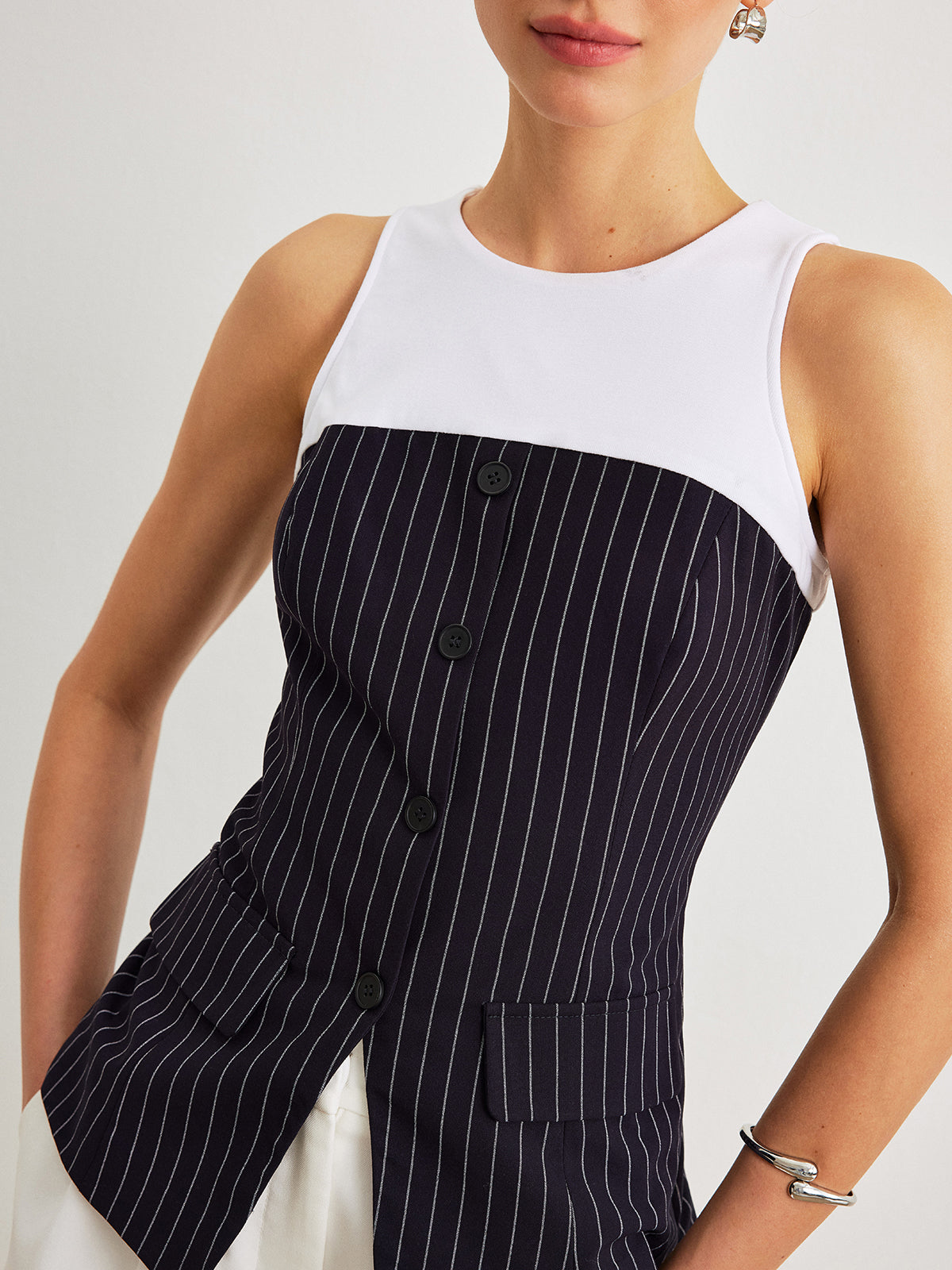 Dekor Cepli Pinstripe Düğme Detaylı Üst