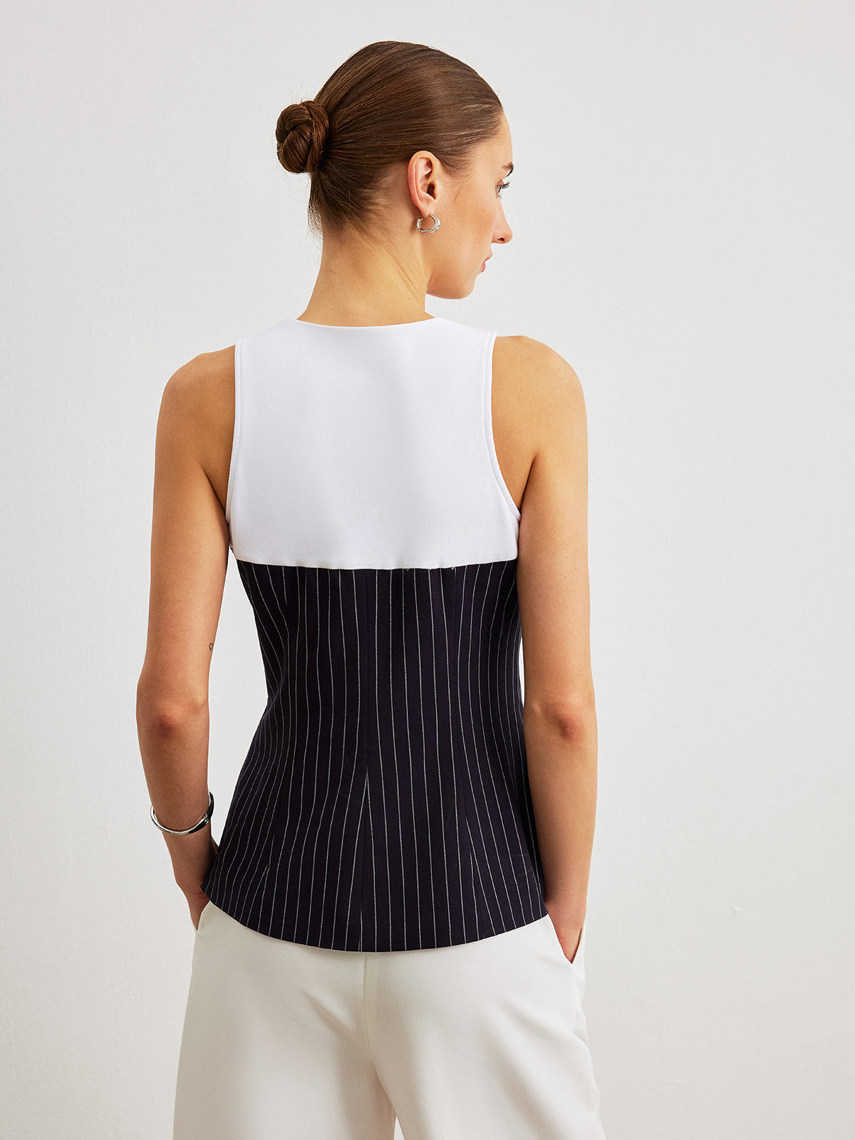 Dekor Cepli Pinstripe Düğme Detaylı Üst