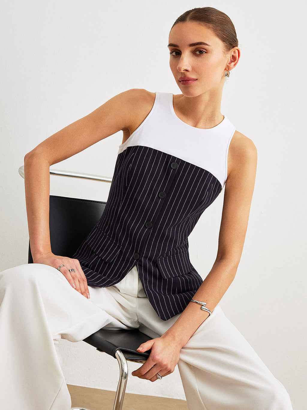 Dekor Cepli Pinstripe Düğme Detaylı Üst