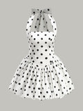Polka Dot Fiyonk Askılı Fermuarlı Elbise