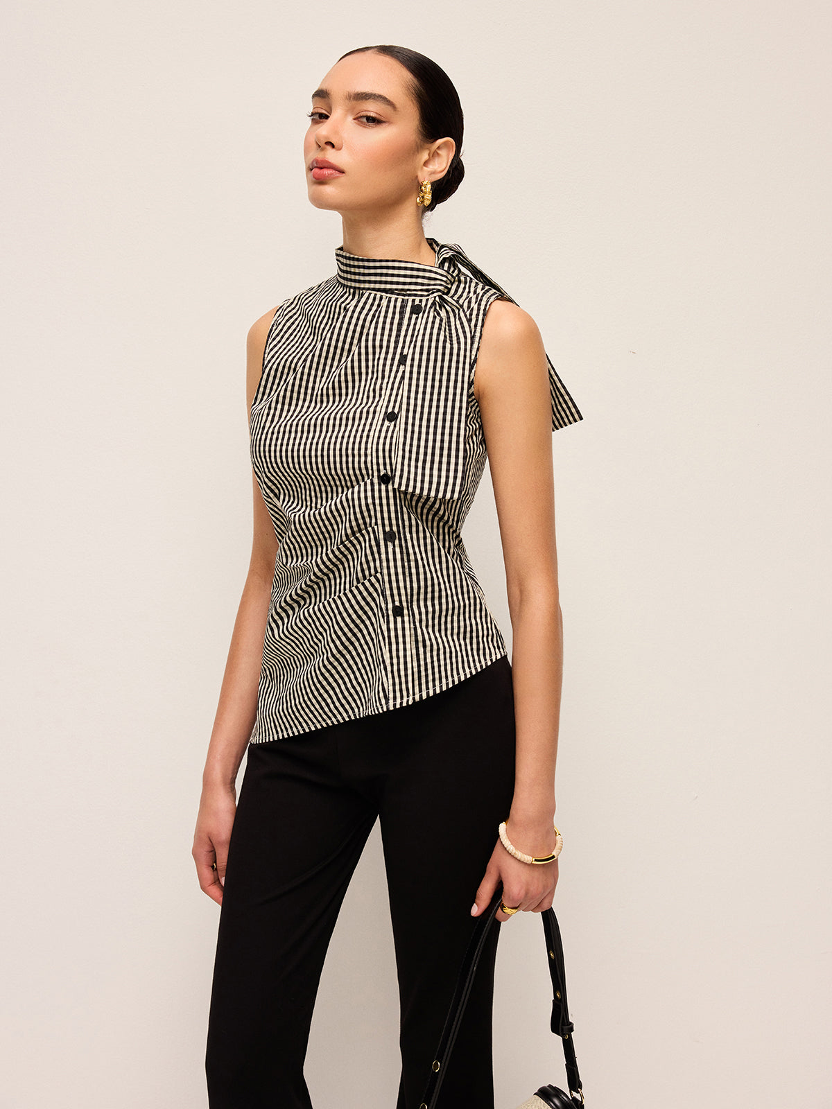 Asimetrik Yaka Gingham Düğmeli Üst