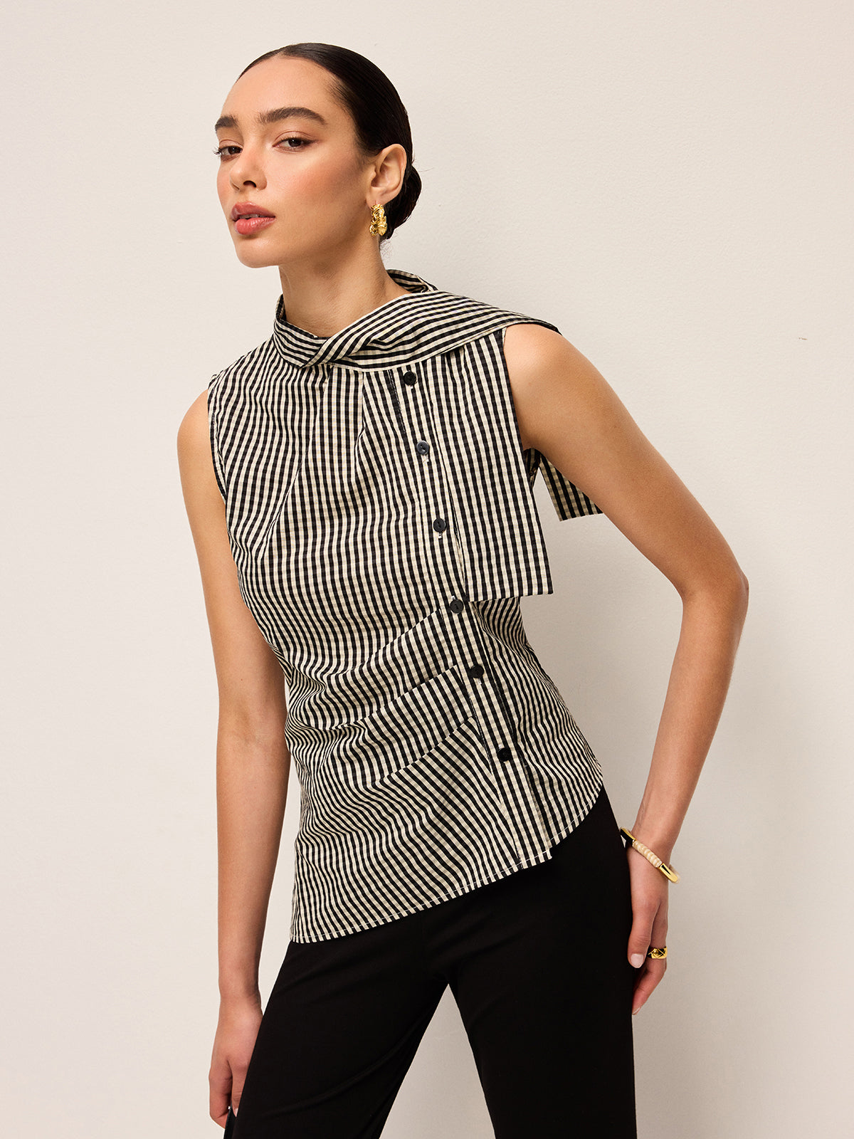 Asimetrik Yaka Gingham Düğmeli Üst