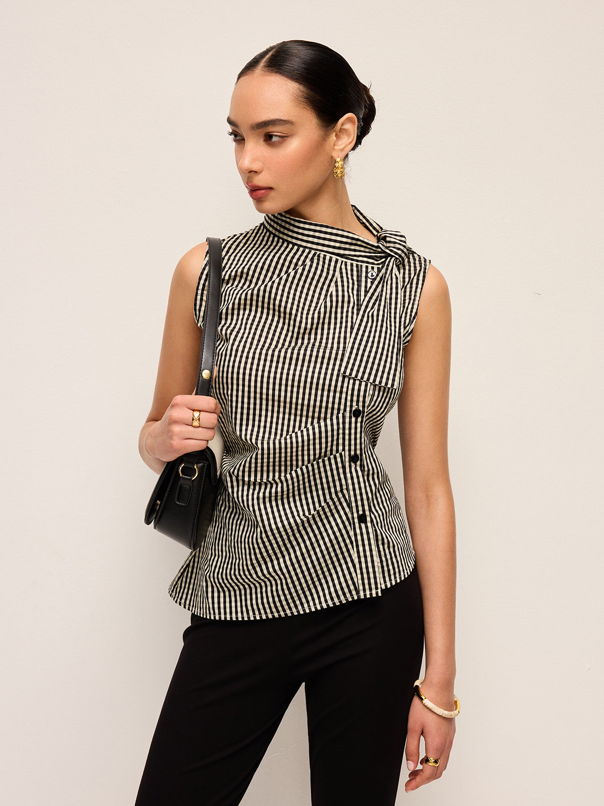 Asimetrik Yaka Gingham Düğmeli Üst