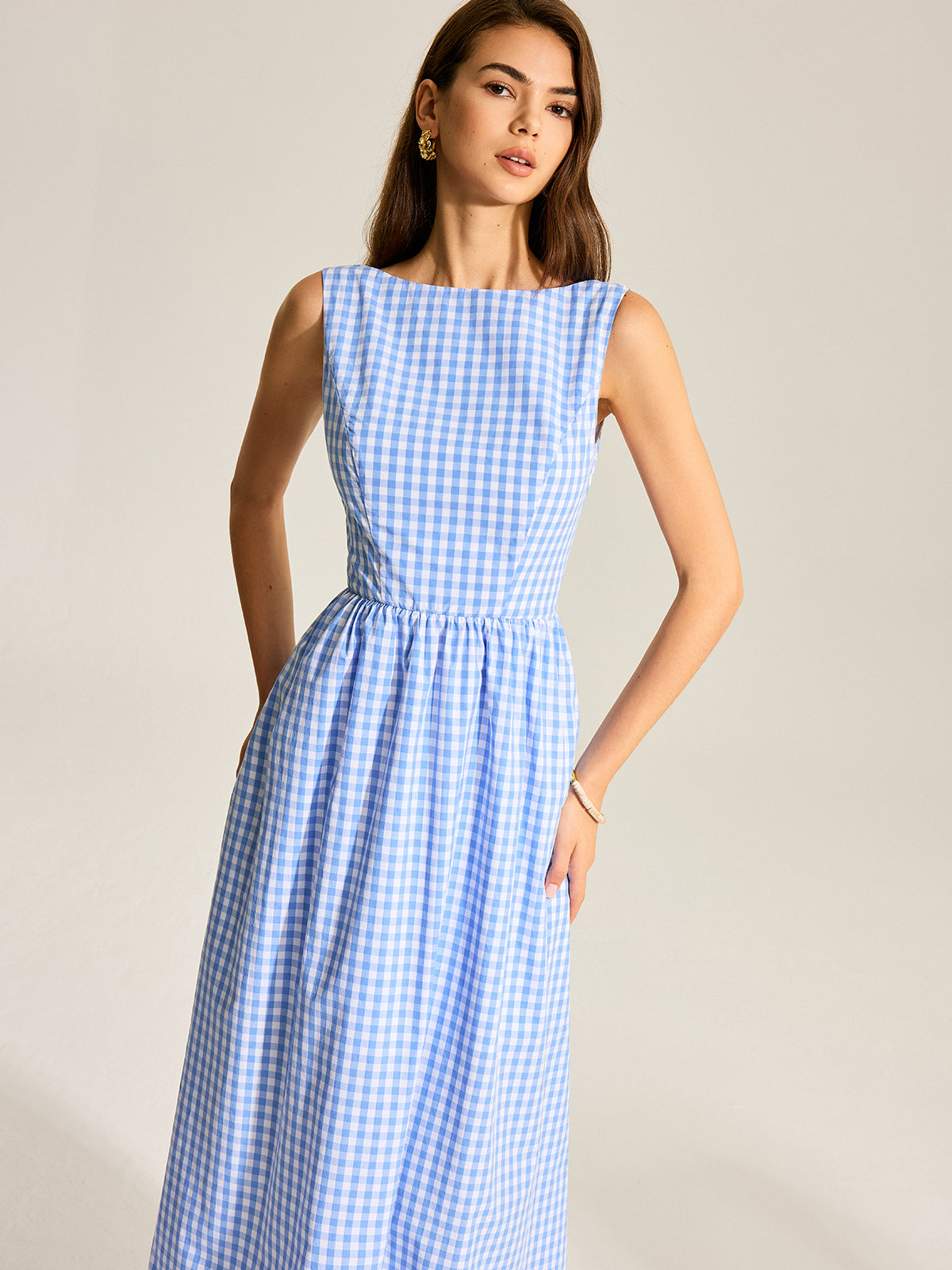 Arkası Fiyonklu Gingham Kolsuz Elbise