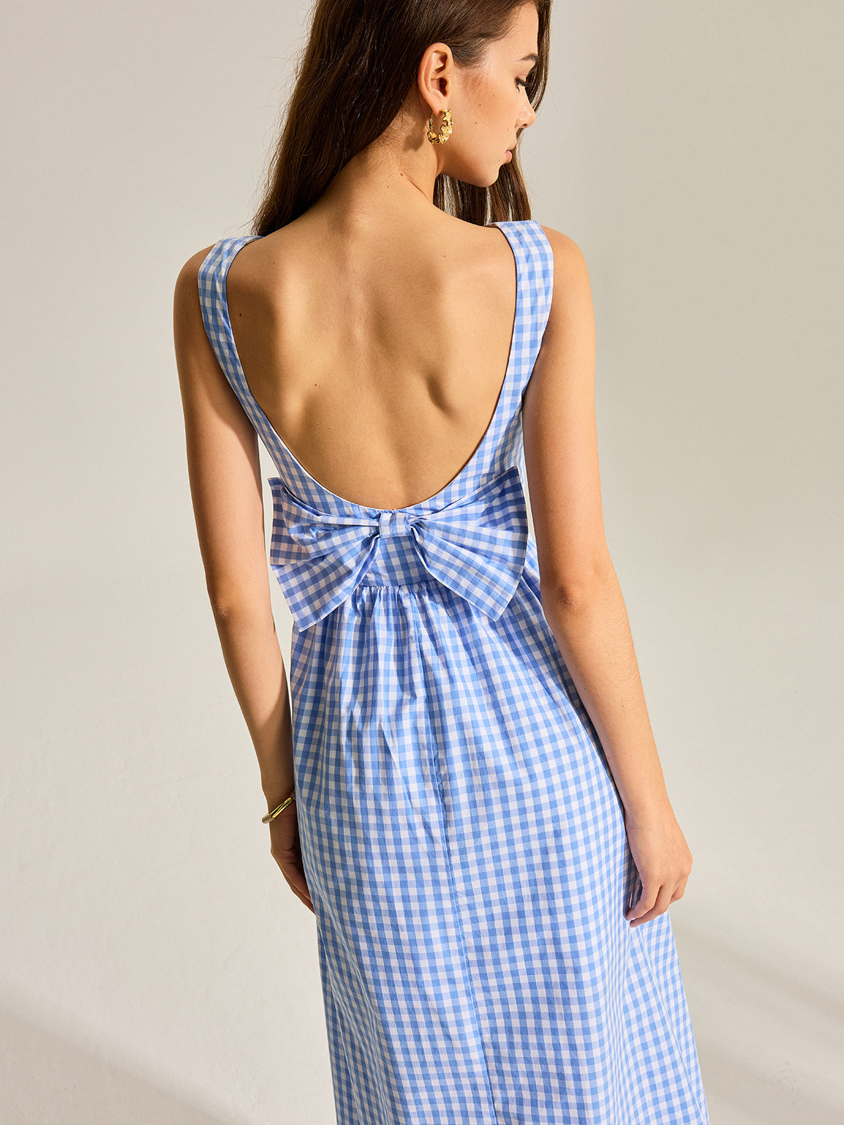 Arkası Fiyonklu Gingham Kolsuz Elbise
