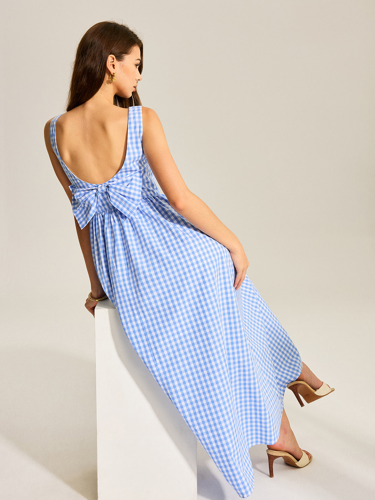 Arkası Fiyonklu Gingham Kolsuz Elbise