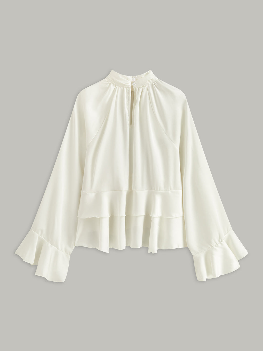 Dik Yaka Düğmeli Volanlı Peplum Bluz