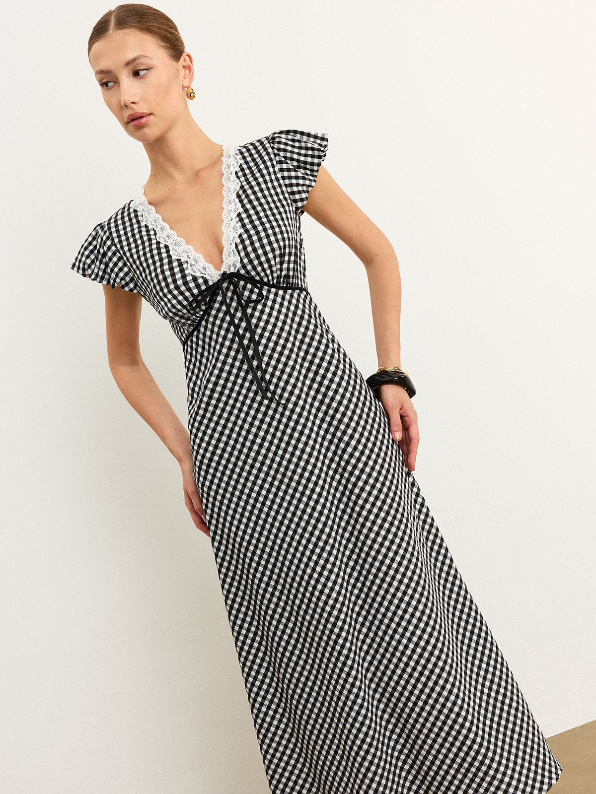 Gingham Dantel Kenarlı Uçuşan Kollu Midi Elbise