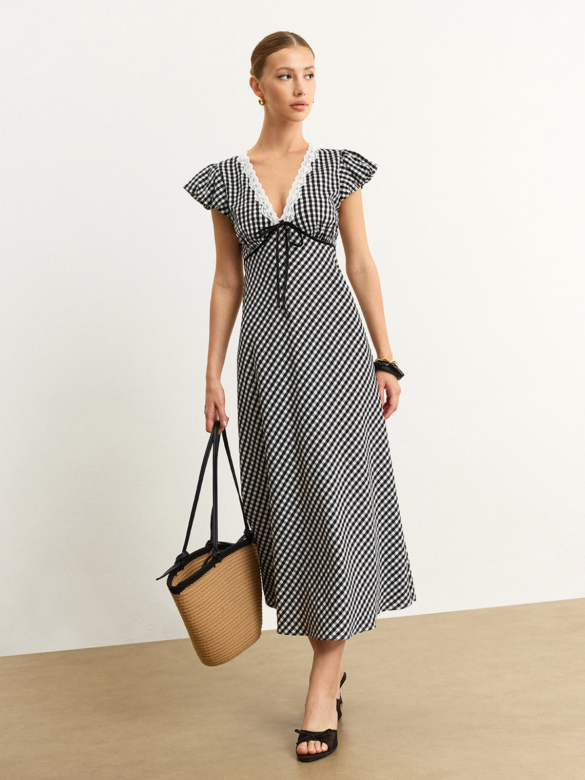 Gingham Dantel Kenarlı Uçuşan Kollu Midi Elbise