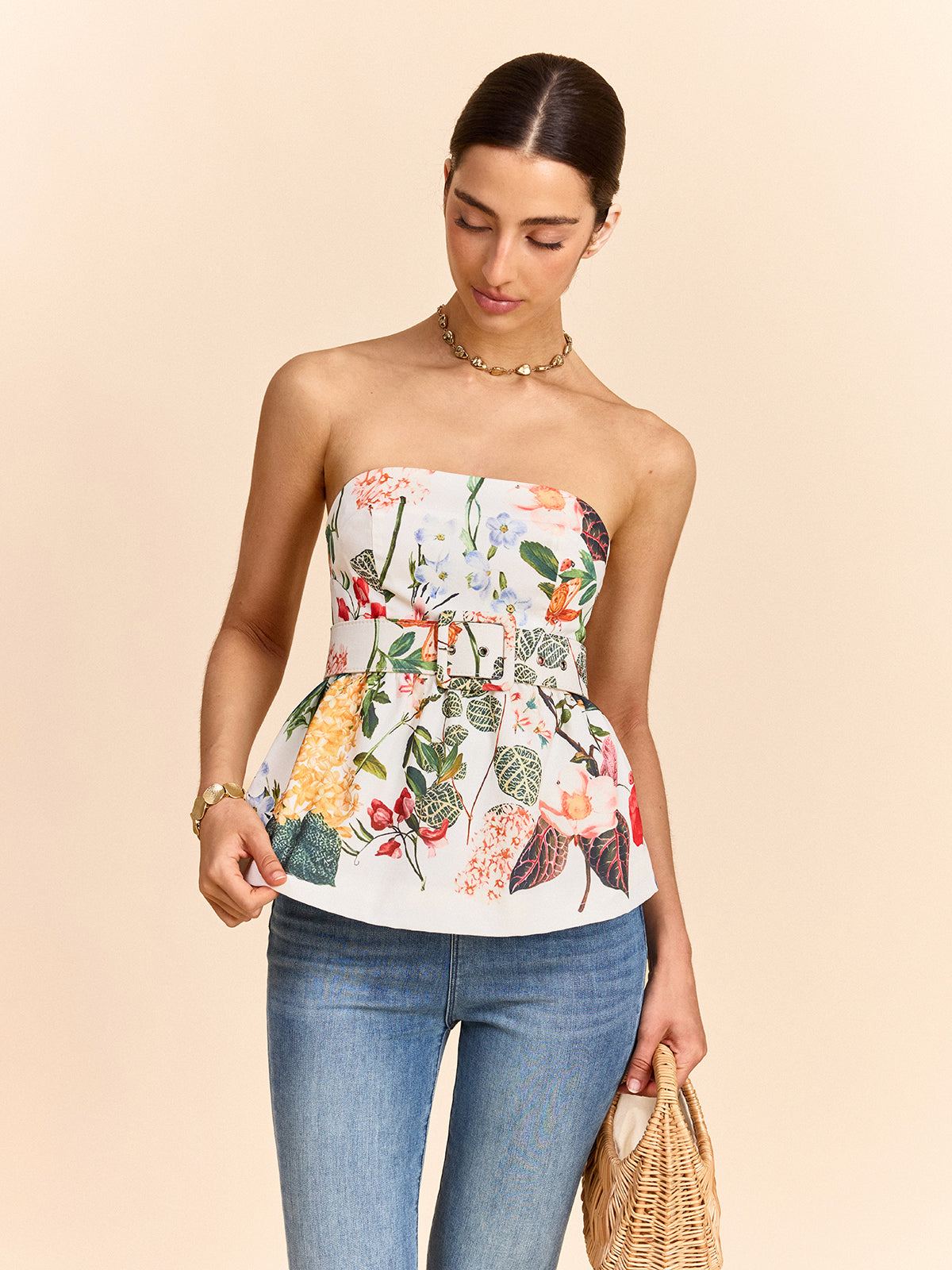 Çiçek Desenli Straplez Peplum Üst Kemerli