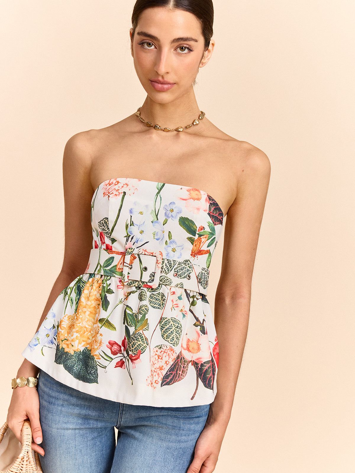 Çiçek Desenli Straplez Peplum Üst Kemerli
