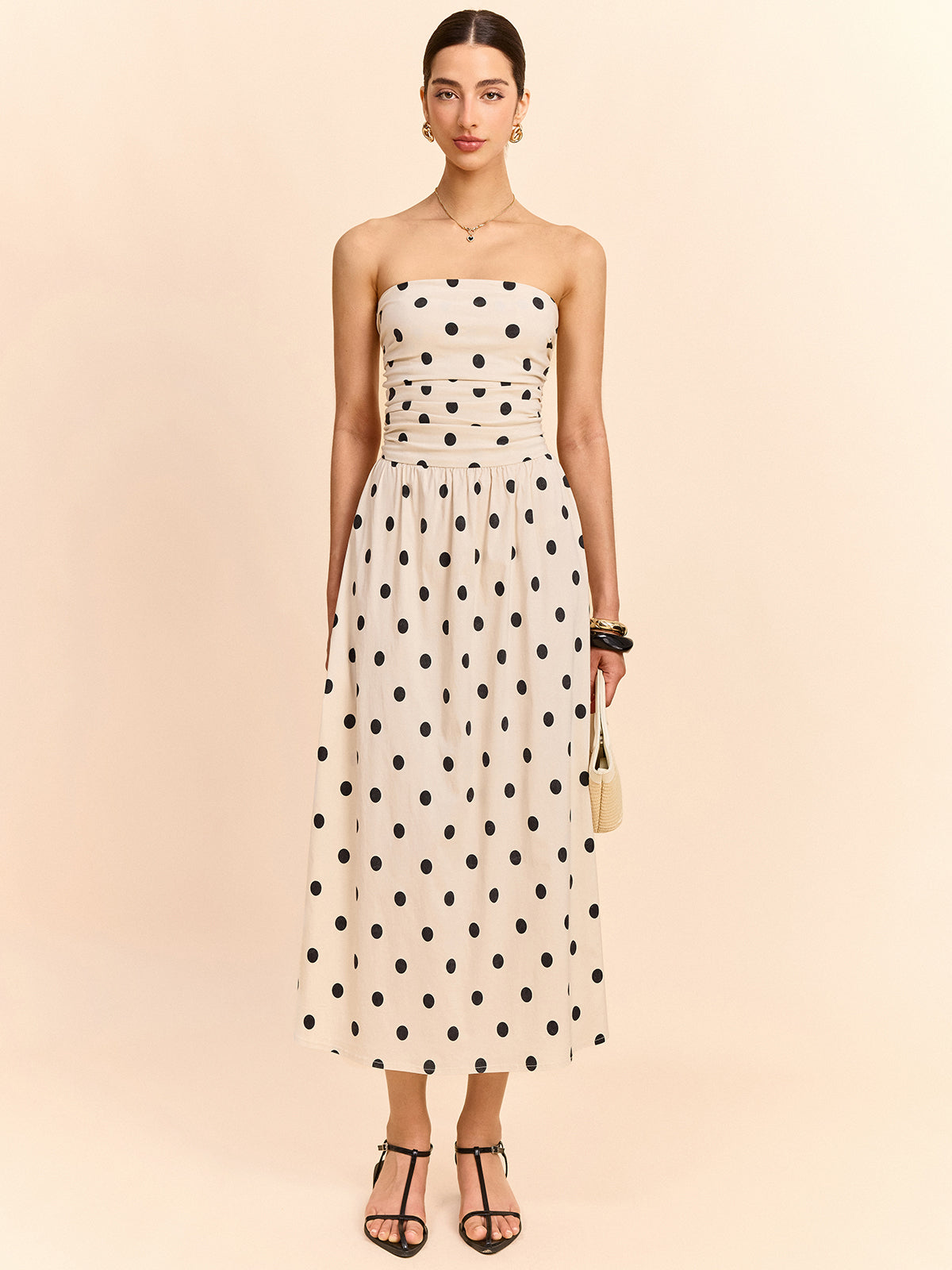Straplez Polka Dot Kıvrımlı Midi Elbise