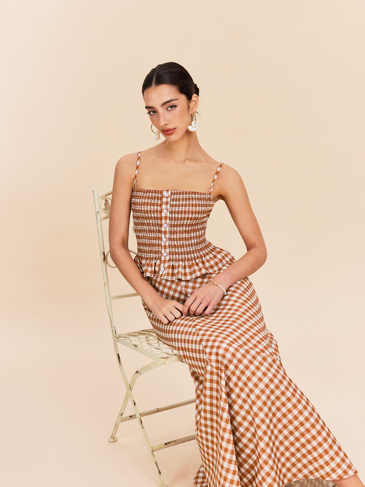 Gingham Smokinli Peplum Atlet Üst