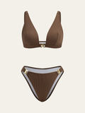 Metal Detaylı Bikini Takımı Kahverengi Örgü Desenli
