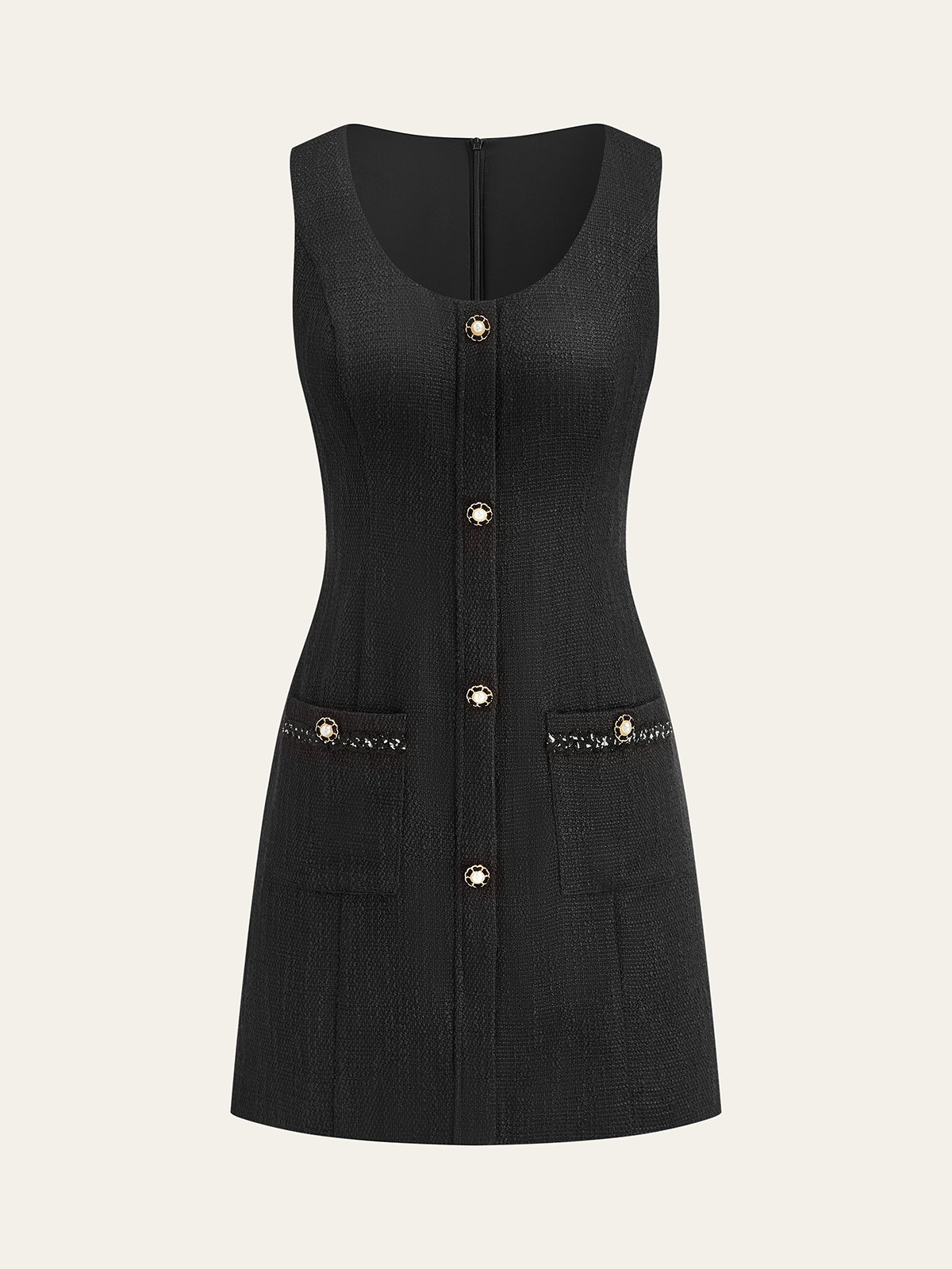 Kolsuz Düğmeli Mini Takım Elbise Siyah Tweed